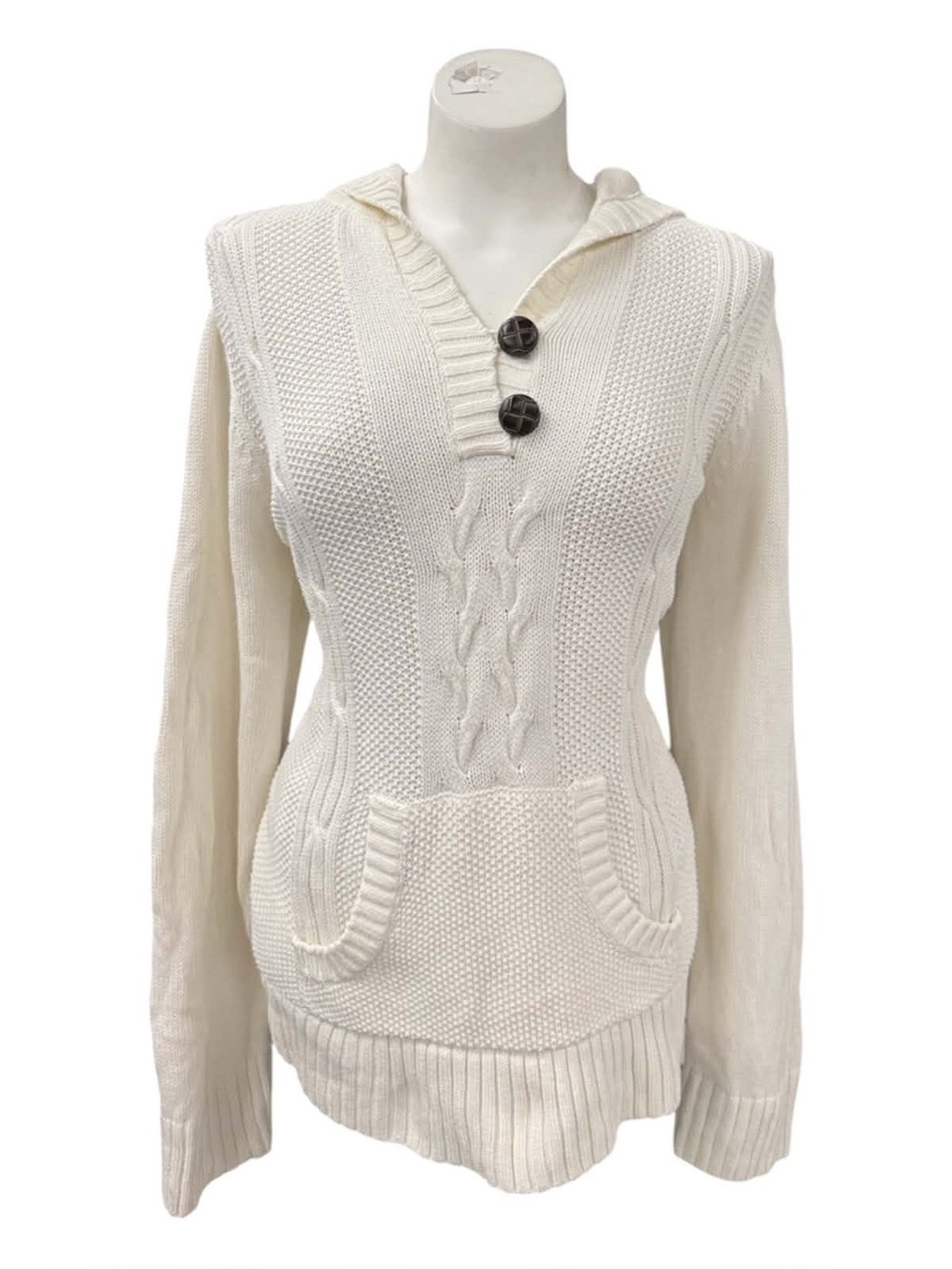 Christopher & Banks Cream Cable-Knit Hooded Pullover Size L